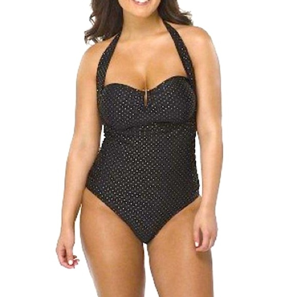 Pure Energy Black with Gold Polka Dots One Piece Swimsuit Size 16